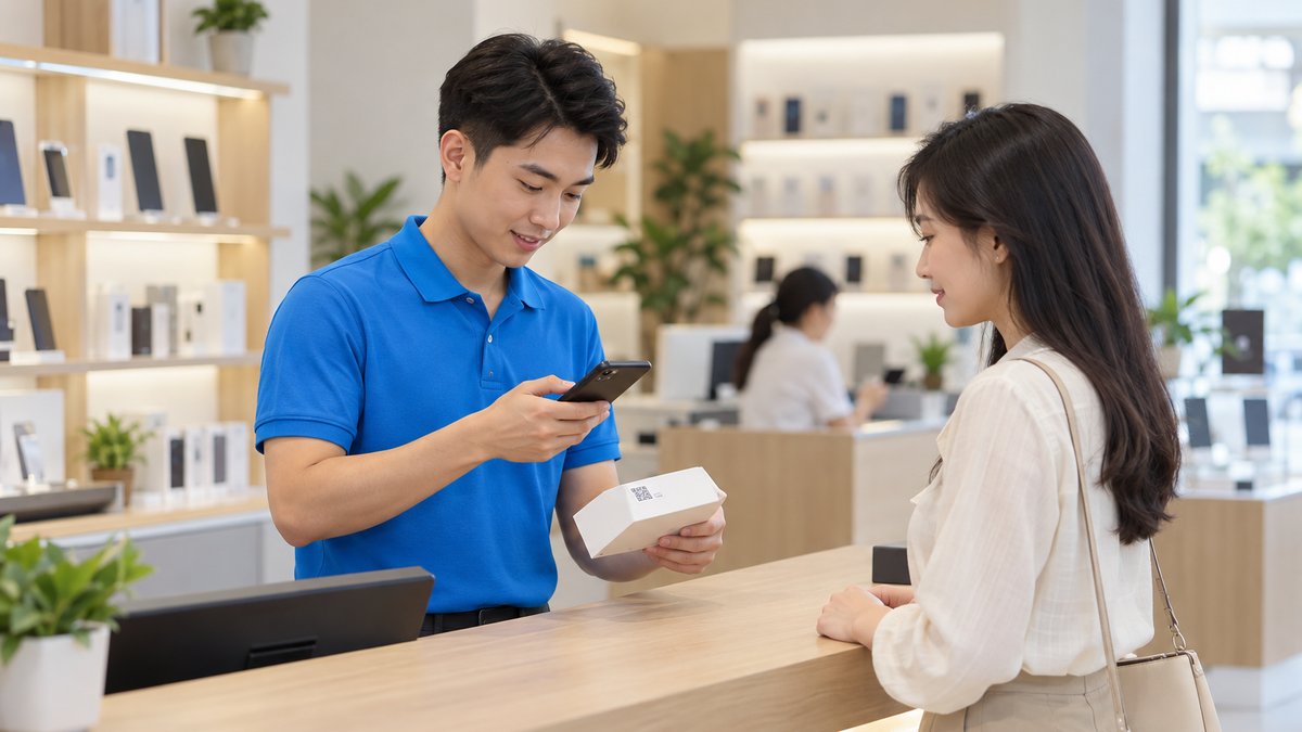 Nhân viên cửa hàng điện thoại quét mã QR trên hộp máy bằng điện thoại tại quầy, minh họa app quản lý bảo hành cho cửa hàng