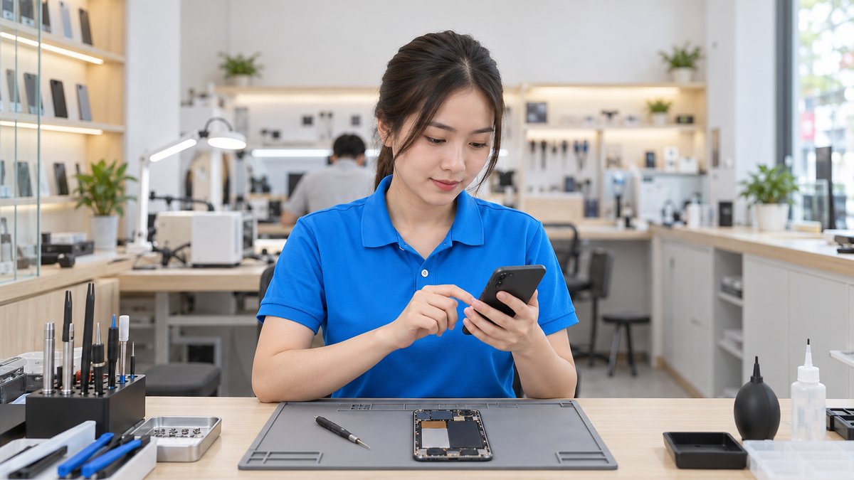 Kỹ thuật viên người Việt áo polo xanh cập nhật phiếu trên app quản lý sửa chữa bằng điện thoại, máy của khách đã tháo nắp trên thảm chống tĩnh điện
