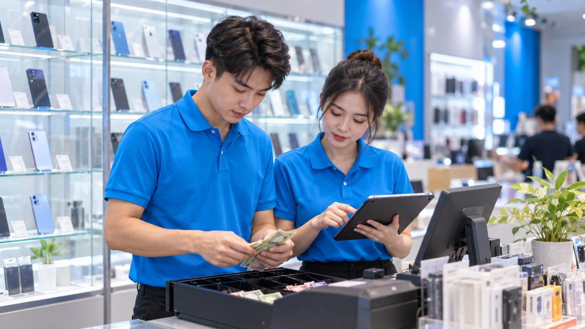 Hai nhân viên đối chiếu tiền và máy trong tủ khi bàn giao ca cửa hàng điện thoại