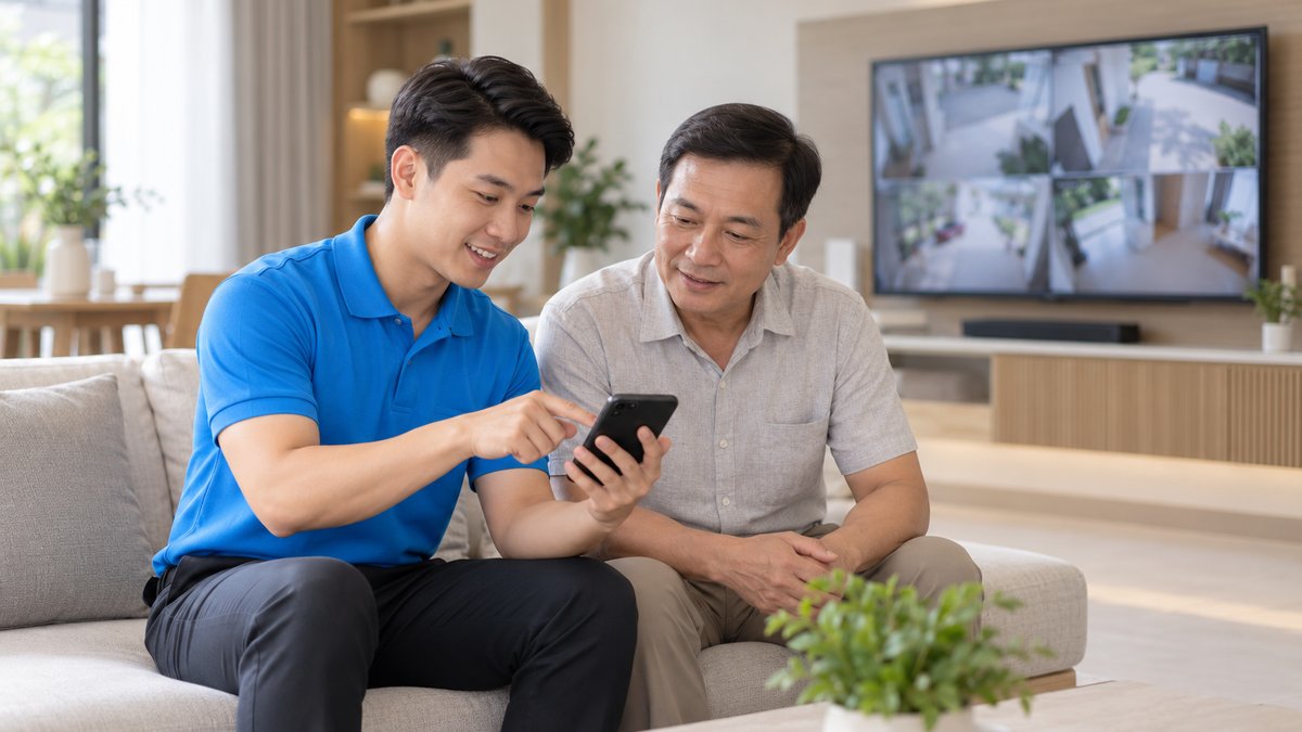 Kỹ thuật viên người Việt mặc áo polo xanh hướng dẫn chủ nhà trung niên xem camera trên điện thoại tại phòng khách trong buổi bàn giao công trình camera, TV phía sau hiển thị lưới hình camera