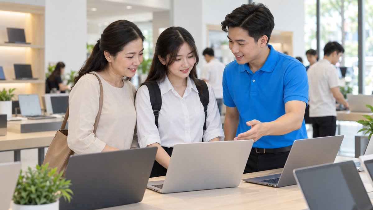 Nữ sinh viên người Việt cùng mẹ chọn máy tại bàn trưng bày khi cửa hàng bán laptop mùa tựu trường, nam nhân viên áo polo xanh đứng tư vấn