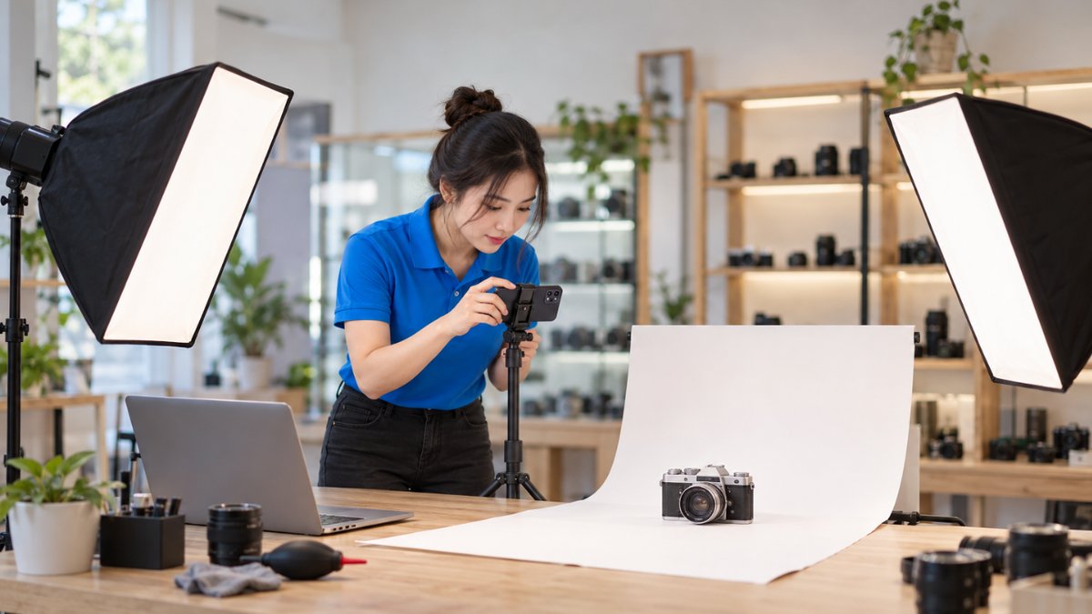 Nữ nhân viên người Việt áo polo xanh chụp ảnh máy ảnh cũ trên nền giấy trắng bằng điện thoại gắn chân đứng, laptop mở bên cạnh, chuẩn bị bán máy ảnh cũ online