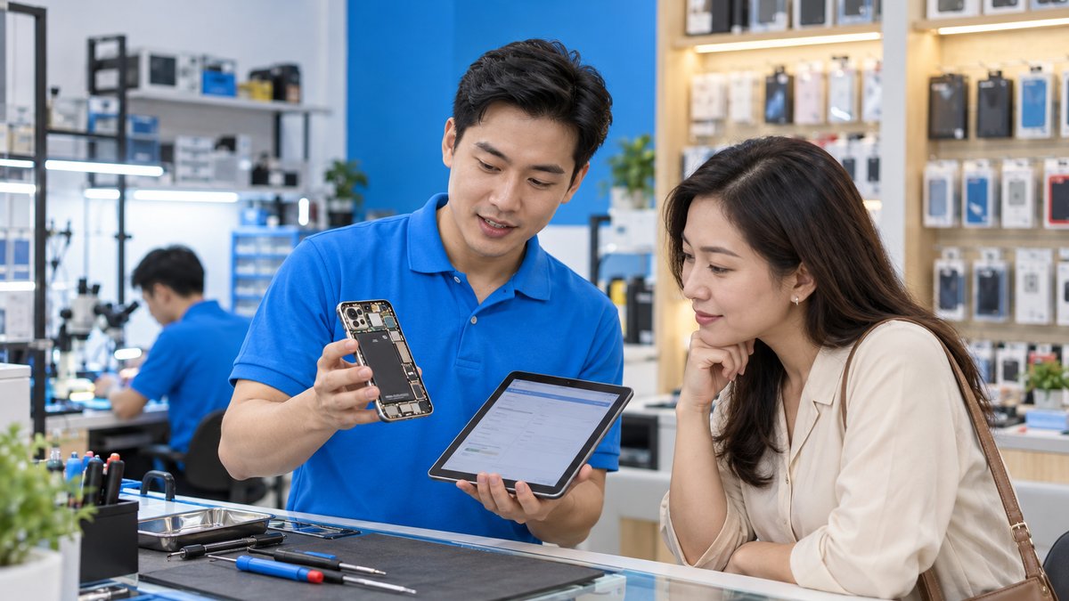 Nhân viên cửa hàng điện thoại báo giá phát sinh khi sửa điện thoại cho khách tại quầy