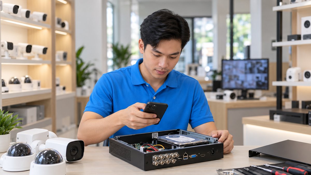 Kỹ thuật viên người Việt áo polo xanh kiểm tra đầu ghi hình đã mở nắp và ổ cứng trên bàn kỹ thuật, quét mã dán trên đầu ghi bằng điện thoại để tra bảo hành camera theo công trình