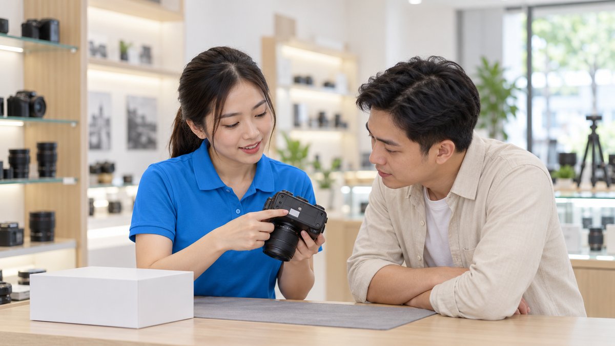 Nữ nhân viên người Việt áo polo xanh chỉ cho khách nam tem bảo hành dán dưới đáy máy ảnh tại quầy, hộp máy đặt bên cạnh, minh họa bảo hành máy ảnh xách tay