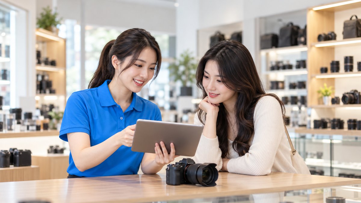 Nữ nhân viên người Việt áo polo xanh đưa máy tính bảng cho khách nữ xem thông tin gói bảo hành mở rộng máy ảnh tại quầy cửa hàng máy ảnh, máy ảnh đặt trên quầy