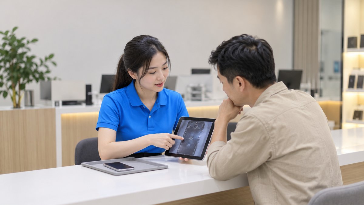 Nữ nhân viên người Việt áo polo xanh tại quầy trung tâm bảo hành chỉ cho khách nam ảnh tình trạng máy trên máy tính bảng khi giải thích các trường hợp từ chối bảo hành, điện thoại đặt trên khay