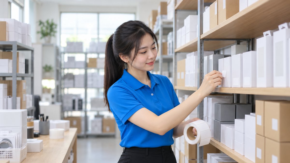 Nhân viên người Việt mặc áo polo xanh dán nhãn theo cách đặt mã SKU lên hộp phụ kiện và hộp điện thoại trên kệ kho