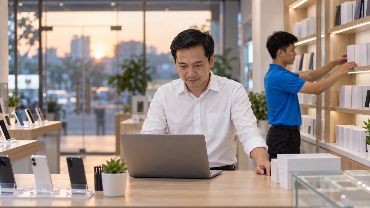 Chủ cửa hàng nam người Việt khoảng 40 tuổi xem số liệu cuối ngày trên laptop tại quầy, minh họa cách quản lý cửa hàng điện thoại, nhân viên áo polo xanh xếp hộp máy phía sau