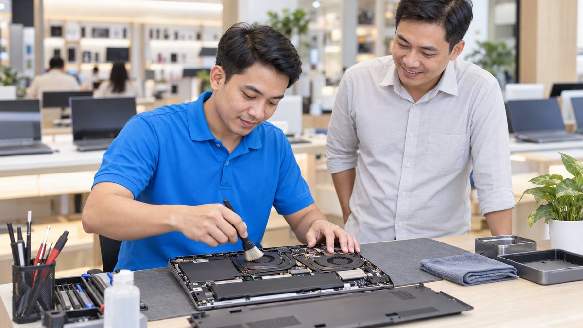 Kỹ thuật viên nam người Việt mặc áo polo xanh vệ sinh quạt tản nhiệt chiếc laptop đã mở nắp đáy trên bàn kỹ thuật, khách nam đứng cạnh quan sát, một điểm chạm chăm sóc khách hàng cửa hàng laptop