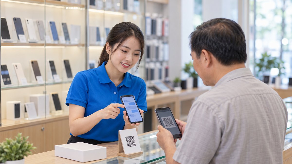 Nữ nhân viên người Việt mặc áo polo xanh cầm điện thoại mở hộp thư Zalo OA của cửa hàng, cạnh quầy giao máy