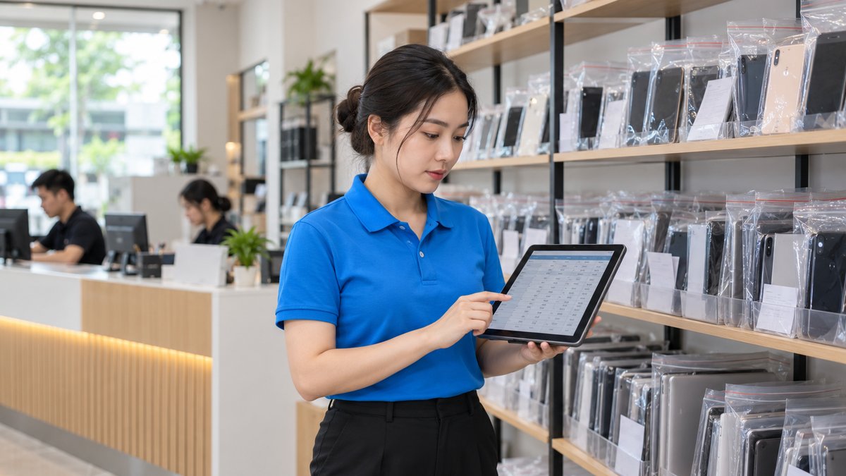 Nữ quản lý người Việt mặc áo polo xanh xem bảng chi phí bảo hành trên máy tính bảng cạnh kệ máy chờ bảo hành