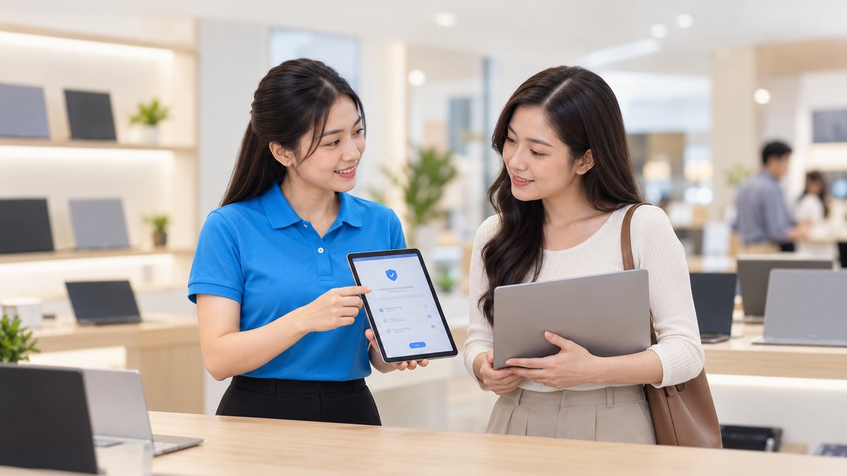 Nữ nhân viên người Việt mặc áo polo xanh giải thích chính sách bảo hành cửa hàng laptop trên máy tính bảng cho khách nữ đang cầm chiếc laptop mới tại quầy