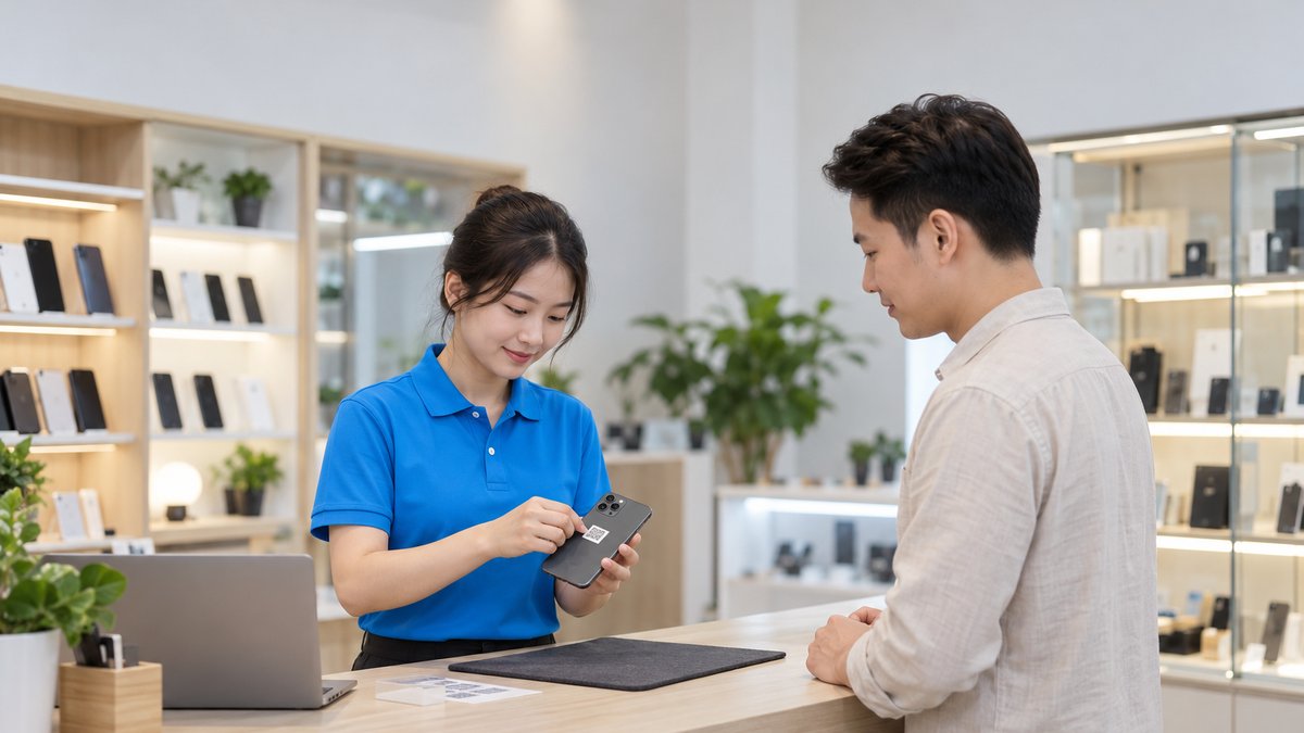 Nữ nhân viên người Việt mặc áo polo xanh dán tem QR nhỏ lên mặt lưng một điện thoại đã qua sử dụng tại quầy cửa hàng đồ cũ, khách nam đứng đối diện, minh họa chính sách bảo hành máy cũ theo serial