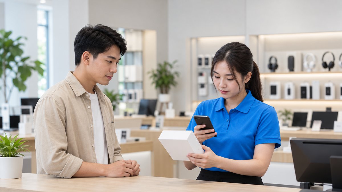 Nữ nhân viên người Việt mặc áo polo xanh tại quầy cửa hàng điện tử kiểm tra hộp loa bluetooth khách nam mang tới đổi theo chính sách đổi trả hàng điện tử, tay cầm điện thoại quét mã