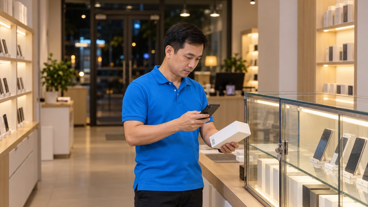 Chủ cửa hàng người Việt mặc áo polo xanh quét mã trên hộp điện thoại cạnh tủ kính có khóa sau giờ đóng cửa để chống thất thoát hàng hóa