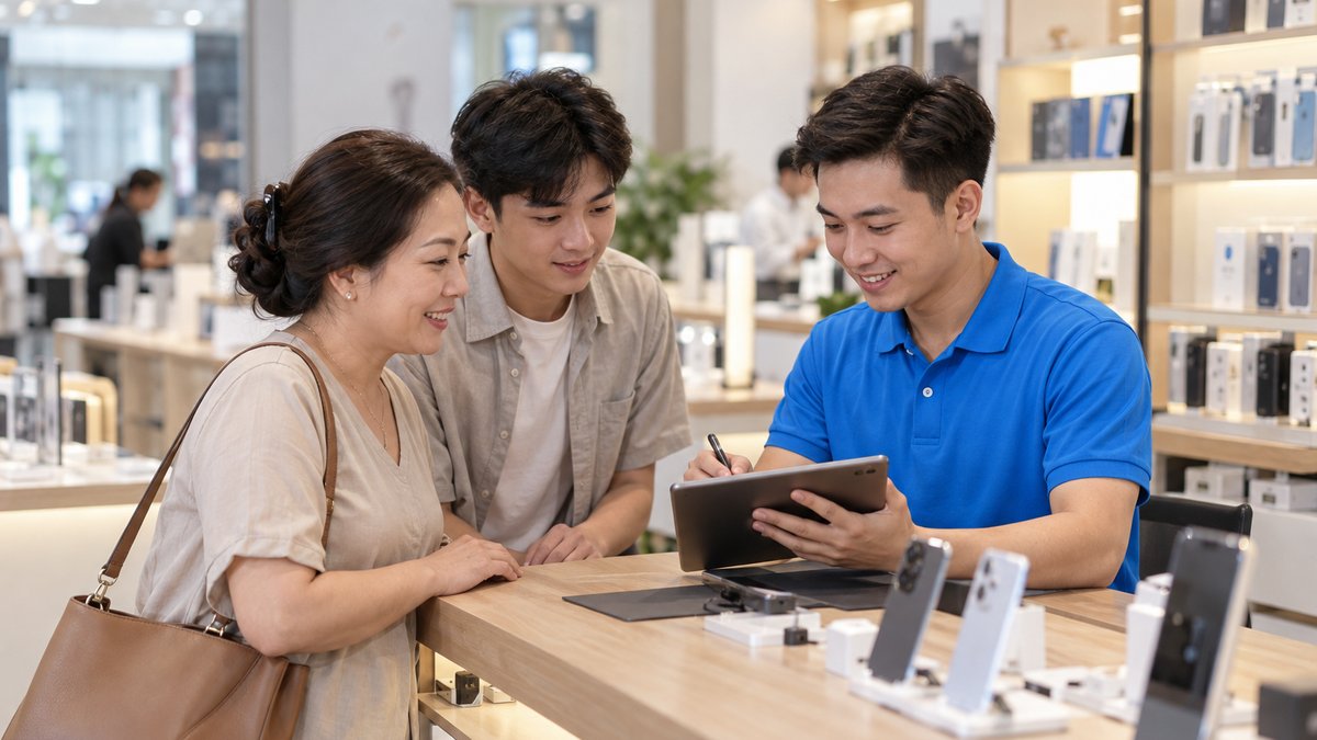 Khách quen dẫn người thân tới quầy cửa hàng điện thoại, nhân viên ghi nhận người giới thiệu, minh họa chương trình giới thiệu khách hàng