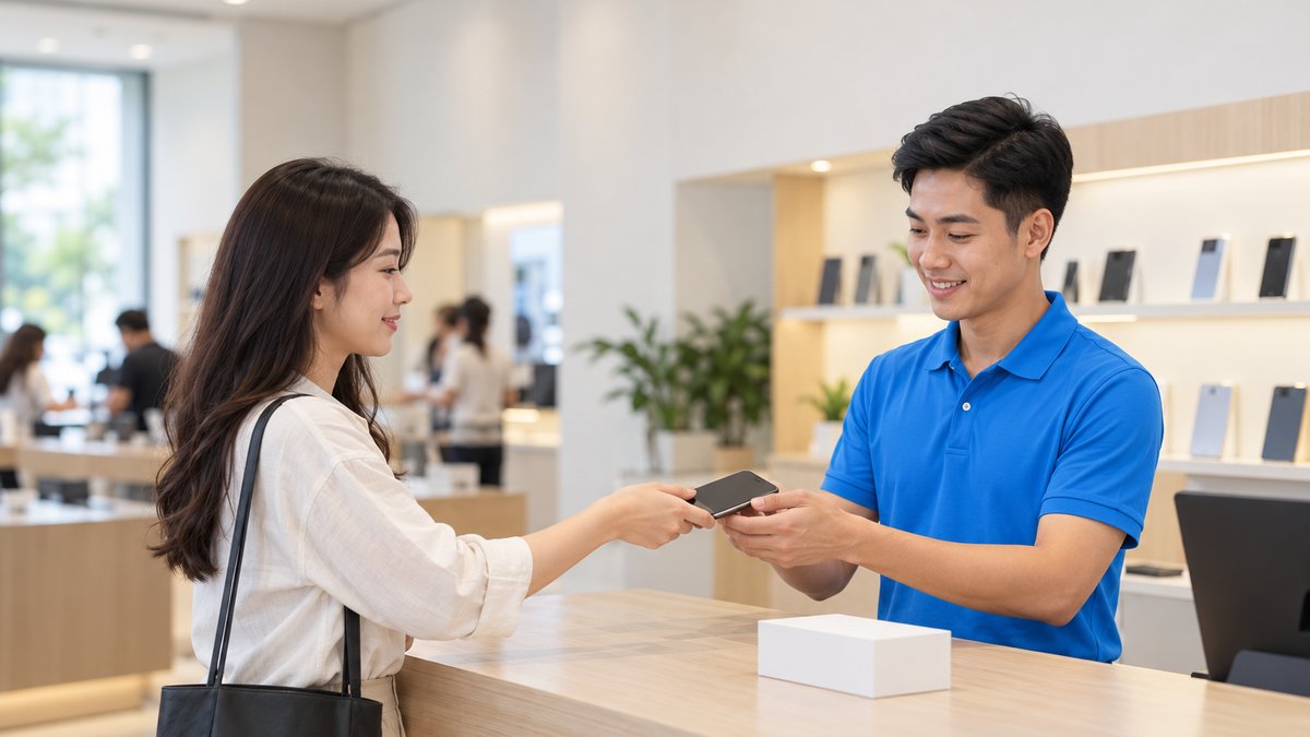 Nam nhân viên người Việt mặc áo polo xanh nhận chiếc điện thoại cũ từ tay khách nữ tại quầy cửa hàng điện thoại trong chương trình thu cũ đổi mới, trên quầy đặt một hộp máy mới màu trắng trơn