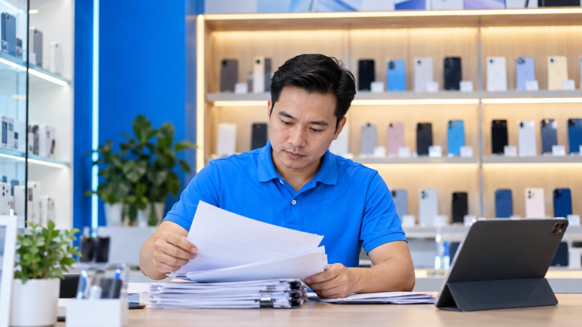 Chủ cửa hàng chuẩn bị hồ sơ đăng ký kinh doanh cửa hàng điện thoại tại quầy