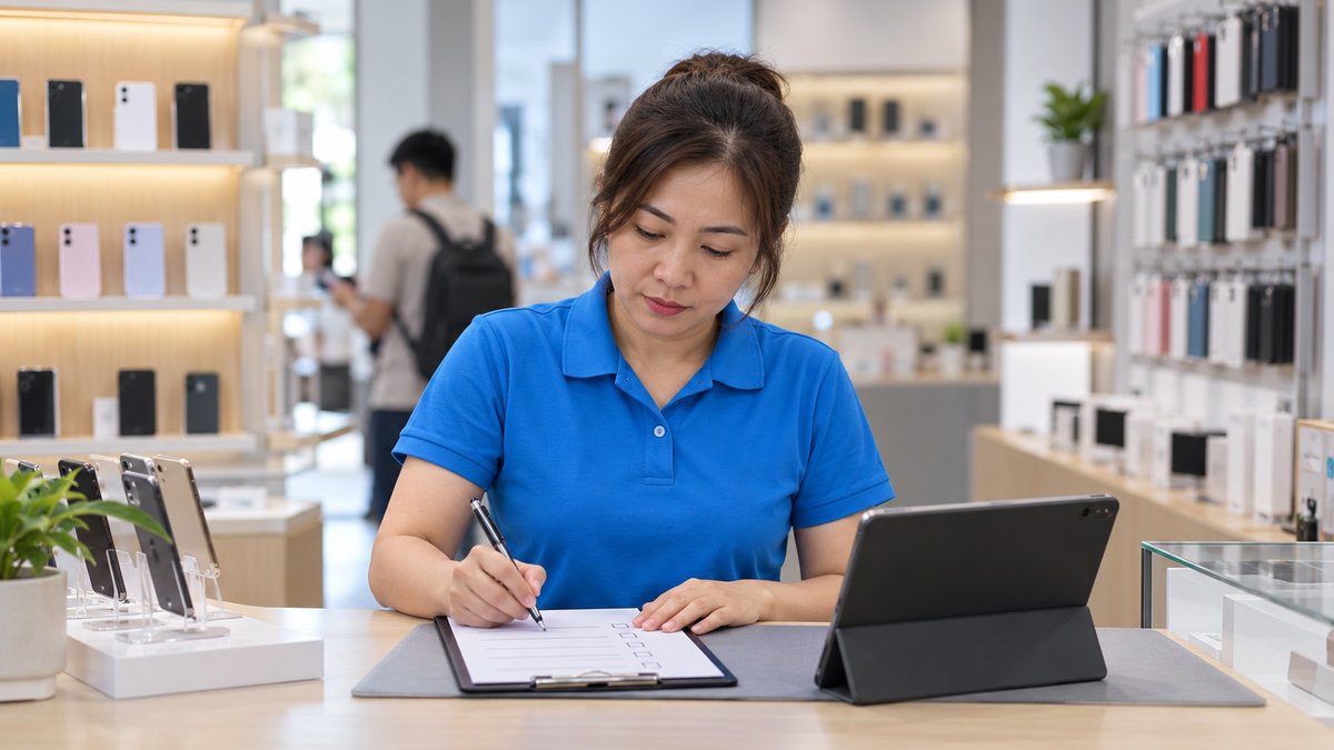 Chủ cửa hàng nữ người Việt mặc áo polo xanh cầm bút đánh dấu bảng kiểm đánh giá chất lượng chăm sóc khách hàng trên kẹp hồ sơ tại quầy, máy tính bảng đặt bên cạnh
