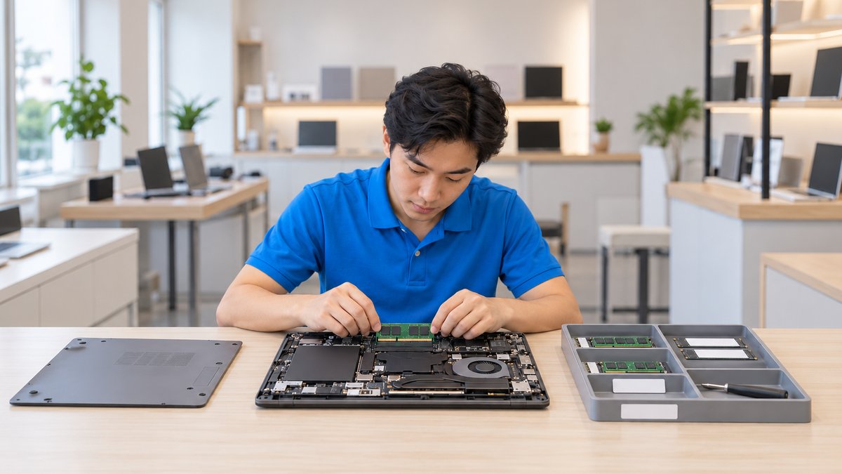 Kỹ thuật viên người Việt mặc áo polo xanh lắp thanh RAM vào laptop đã mở nắp đáy trong ca dịch vụ nâng cấp laptop, bên cạnh khay SSD và RAM có dán nhãn