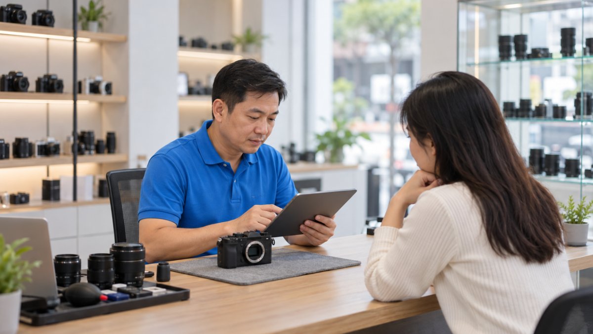Chủ cửa hàng người Việt mặc áo polo xanh ngồi ở quầy tra bảng giá trên máy tính bảng để định giá máy ảnh cũ đặt trên khăn nỉ, khách nữ mang máy đến bán ngồi đối diện