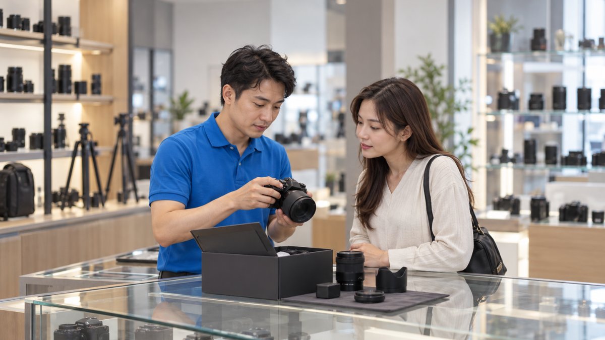 Nam nhân viên người Việt áo polo xanh nhận lại máy ảnh cũ từ khách nữ tại quầy, hai người cùng kiểm tra máy trong ca đổi trả máy ảnh cũ, hộp máy đặt trên quầy