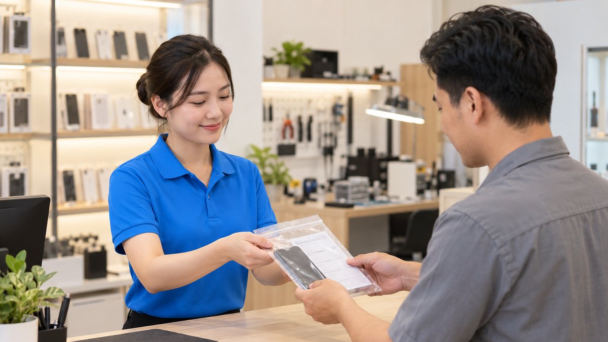 Nhân viên cửa hàng bàn giao điện thoại kèm biên bản cho đối tác sửa chữa, minh họa quy trình gửi máy sửa ngoài