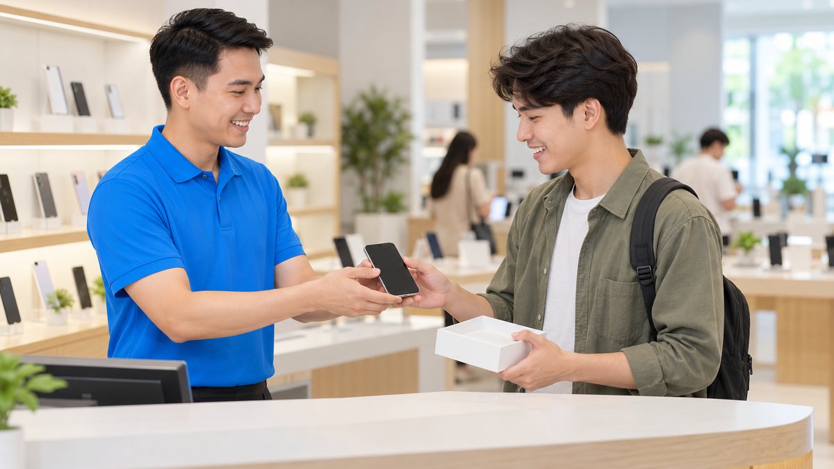 Nhân viên người Việt mặc áo polo xanh trao điện thoại mới cho khách nam trẻ tại quầy, khách mỉm cười cầm hộp máy ở mốc đầu của hành trình khách hàng