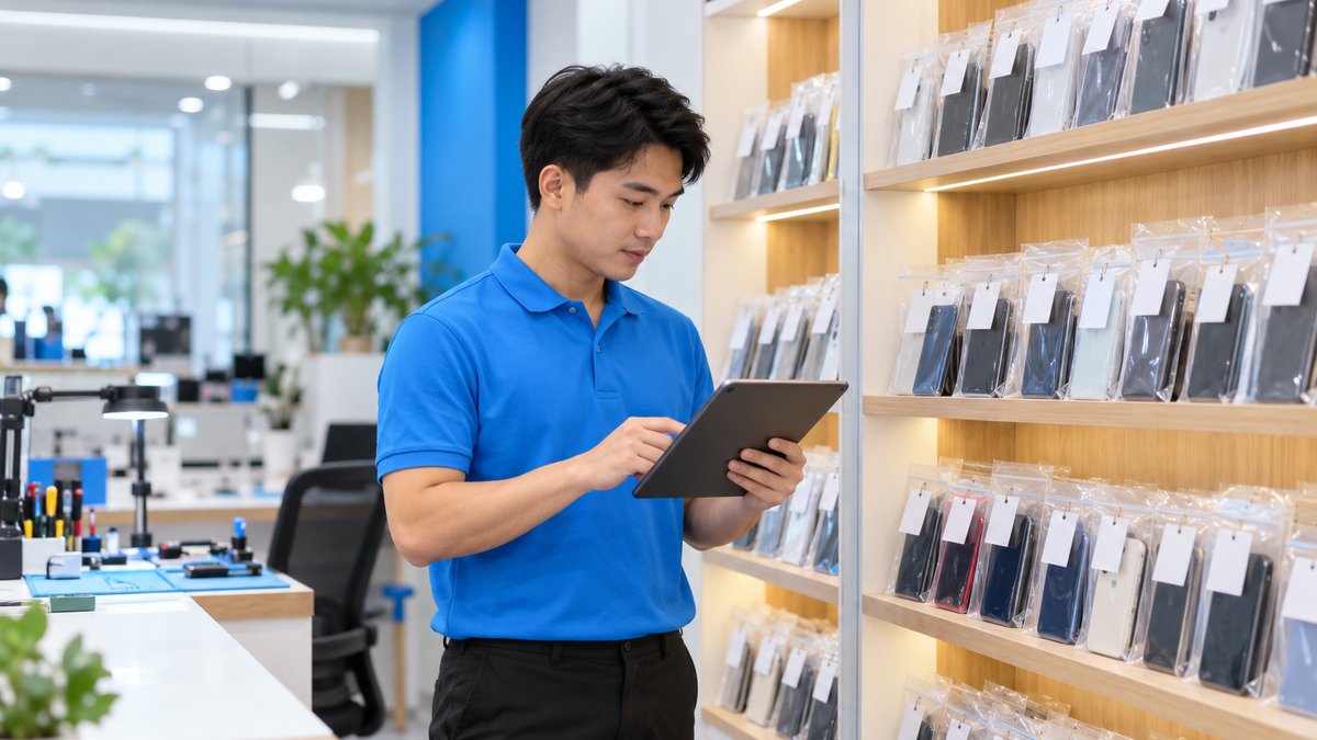 Kệ máy đã sửa xong chờ khách đến lấy tại cửa hàng sửa chữa điện thoại, minh họa khách không đến lấy máy sửa
