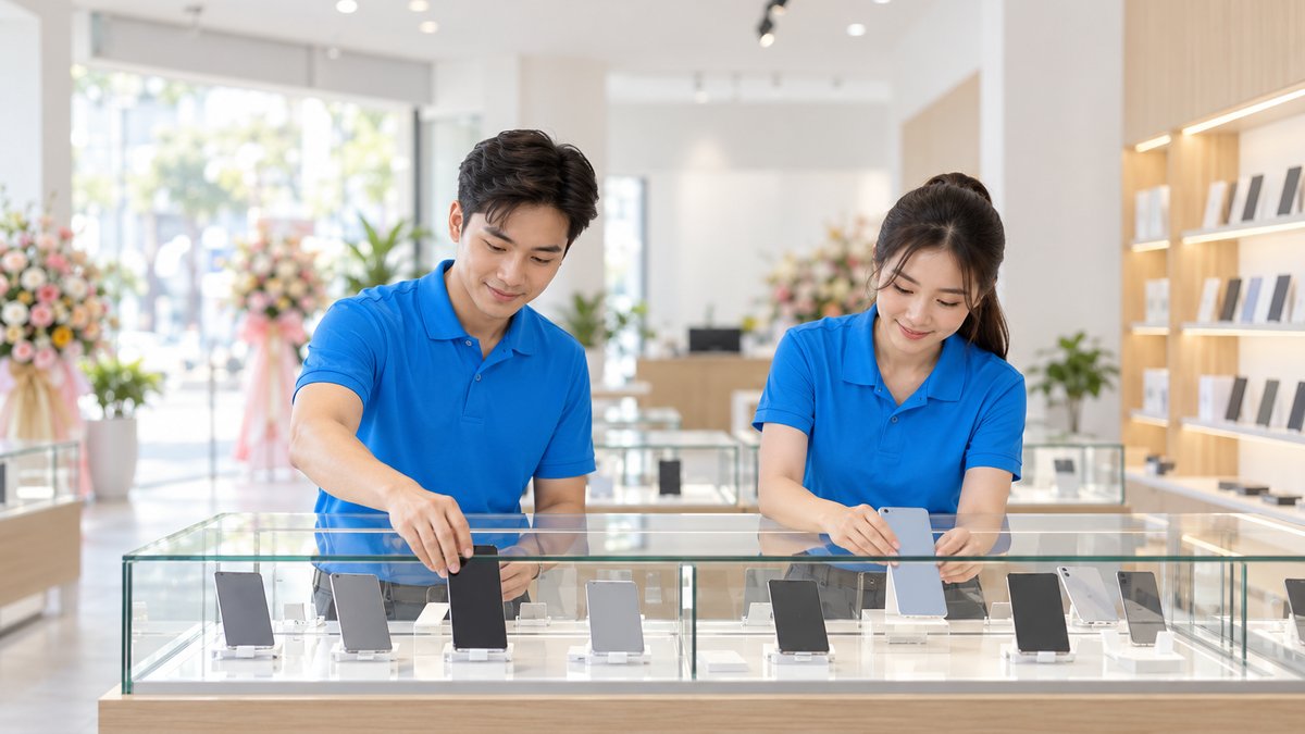 Hai nhân viên người Việt mặc áo polo xanh xếp điện thoại lên tủ kính trưng bày trước giờ khai trương cửa hàng điện thoại, lẵng hoa mờ phía sau