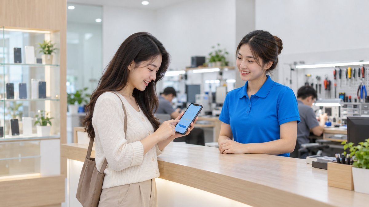 Khách nữ người Việt cầm điện thoại vừa nhận lại sau sửa chữa, chạm màn hình trả lời khảo sát hài lòng sau sửa chữa tại quầy trả máy, nữ nhân viên áo polo xanh mỉm cười phía sau quầy