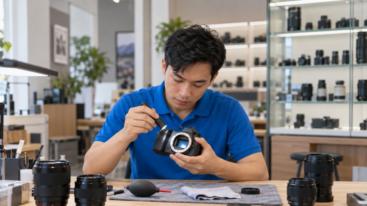 Kỹ thuật viên người Việt mặc áo polo xanh tháo nắp ngàm và soi cảm biến bằng đèn pin để kiểm tra máy ảnh cũ tại bàn kỹ thuật, bên cạnh khăn lau và bút thổi bụi