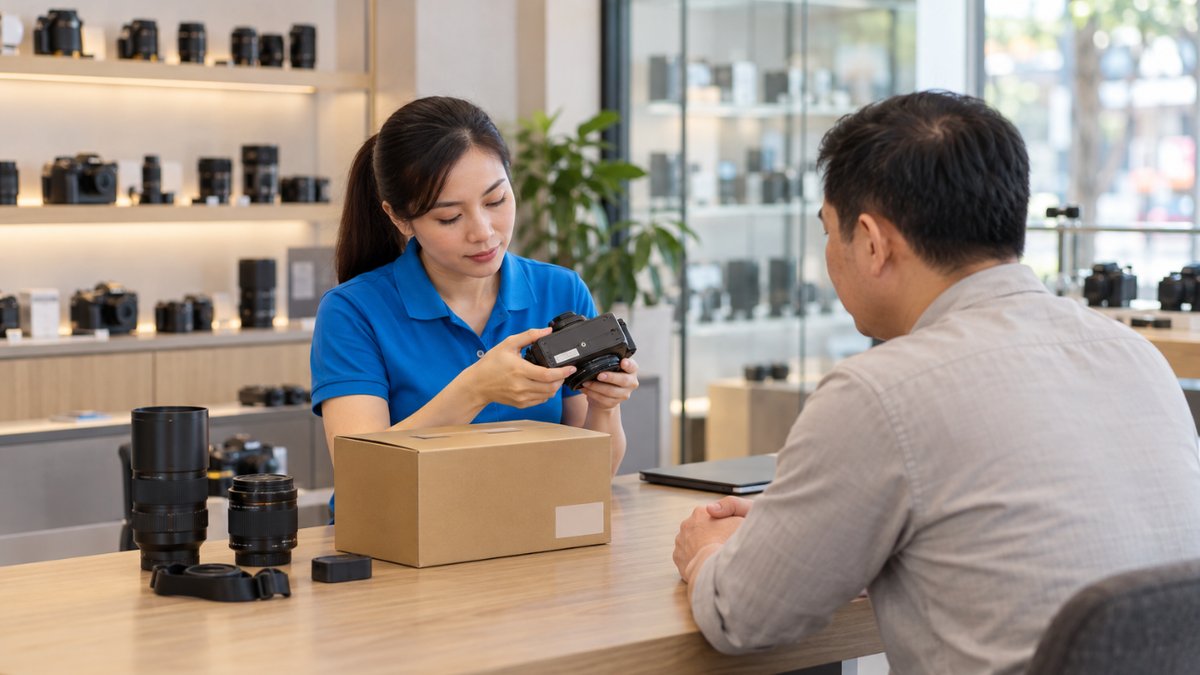 Nữ nhân viên người Việt áo polo xanh lật đáy thân máy ảnh để kiểm tra nguồn gốc máy ảnh cũ, đối chiếu số serial với nhãn trên hộp máy, khách nam ngồi chờ đối diện tại quầy thu mua