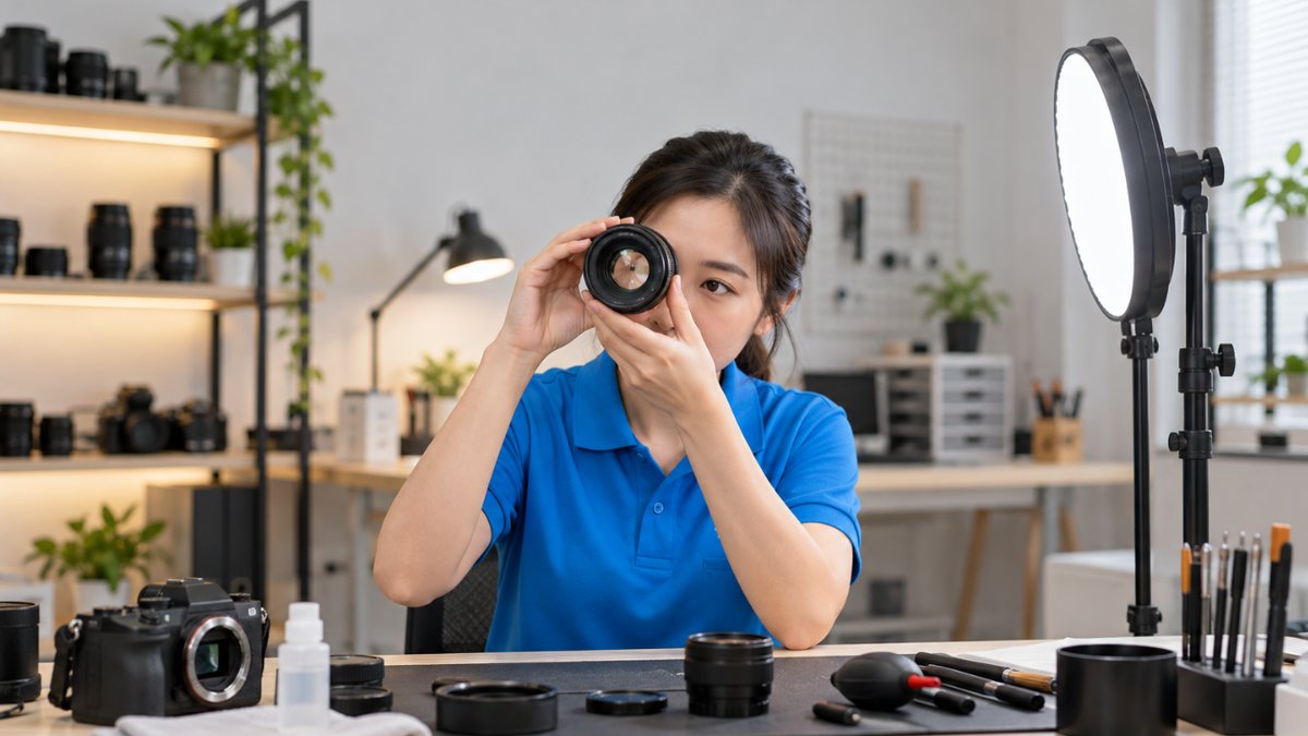 Nữ kỹ thuật viên người Việt mặc áo polo xanh soi ống kính máy ảnh qua đèn LED trắng để kiểm tra ống kính cũ, tìm mốc bên trong thấu kính trên bàn làm việc gọn gàng