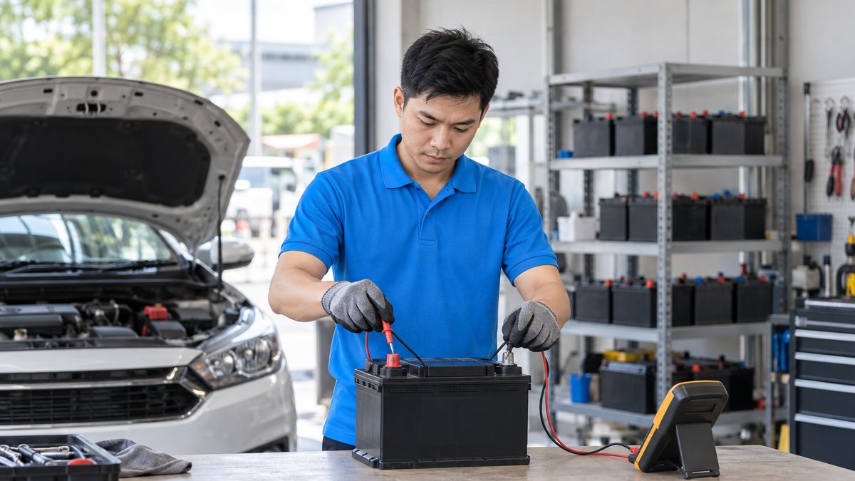 Kỹ thuật viên người Việt áo polo xanh đo điện áp bình ắc quy ô tô trước khi lắp, minh họa kinh doanh ắc quy tại cửa hàng