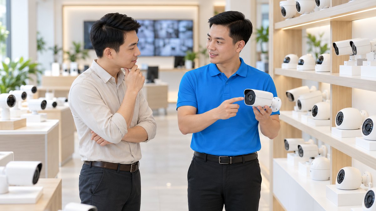 Nhân viên nam áo polo xanh cầm mắt camera giới thiệu cho khách nam người Việt tại showroom kinh doanh camera an ninh với kệ trưng bày camera dome và bullet