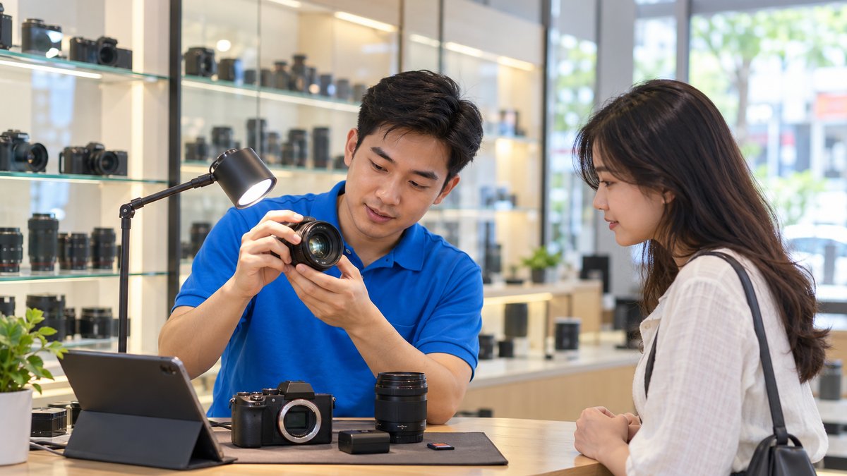 Nam nhân viên người Việt áo polo xanh kiểm tra ống kính cùng khách trước khi giao máy tại quầy kinh doanh cho thuê máy ảnh