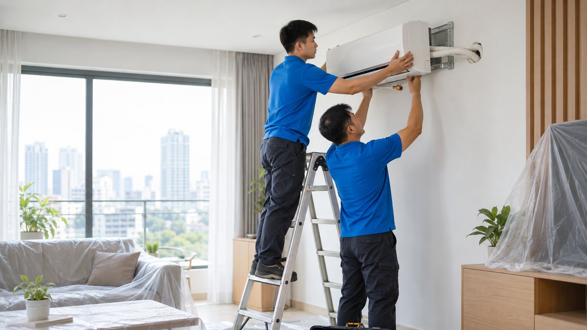 Hai kỹ thuật viên người Việt mặc áo polo xanh lắp dàn lạnh điều hòa trong phòng khách cho cửa hàng kinh doanh điện lạnh
