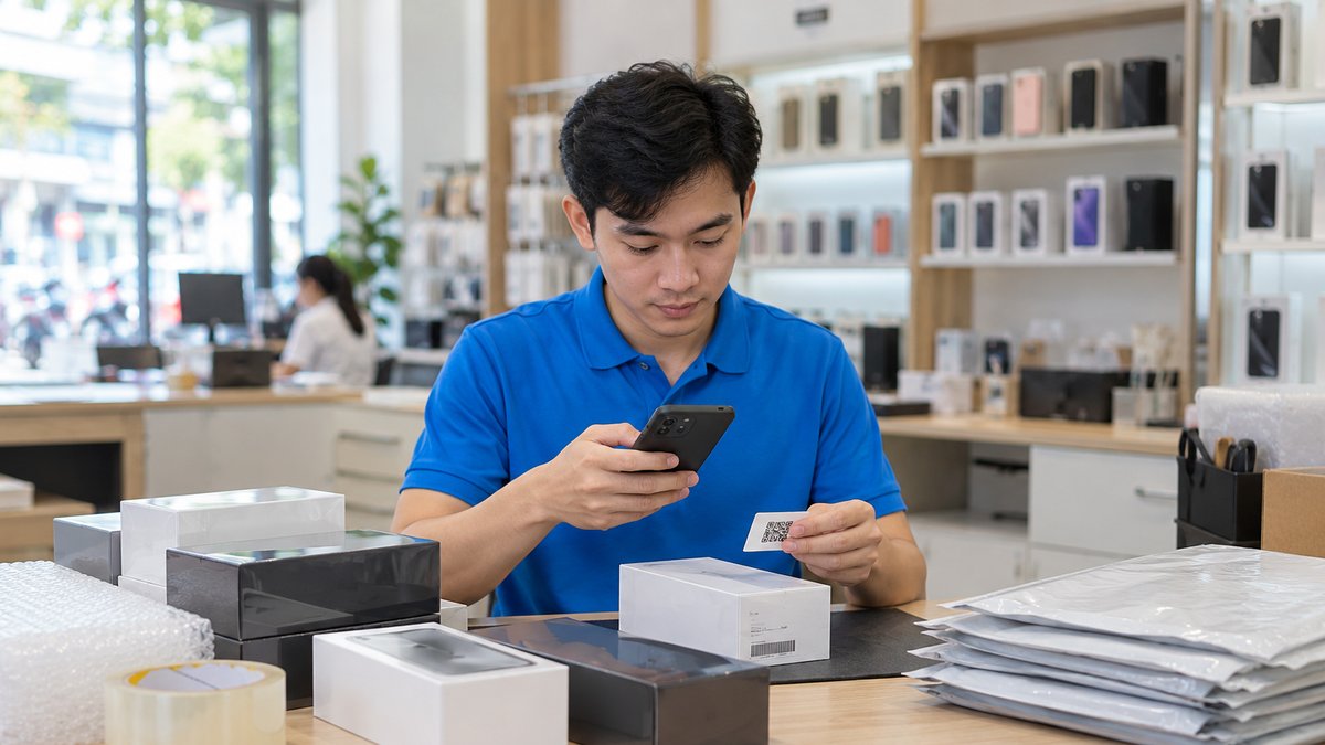 Nhân viên người Việt mặc áo polo xanh quét IMEI và dán tem QR lên hộp điện thoại trước khi giao đơn online