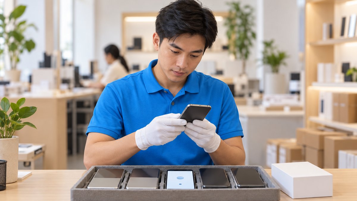 Nhân viên kiểm tra IMEI và màn hình kích hoạt của lô iPhone tại quầy, minh họa kinh doanh điện thoại xách tay