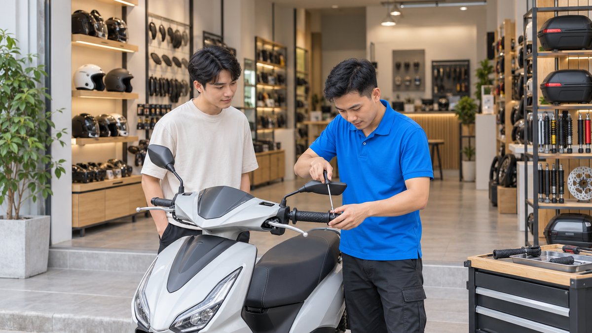 Kỹ thuật viên nam người Việt áo polo xanh lắp bao tay và gương mới cho xe tay ga trước cửa hàng kinh doanh đồ chơi xe máy, chủ xe nam trẻ đứng cạnh
