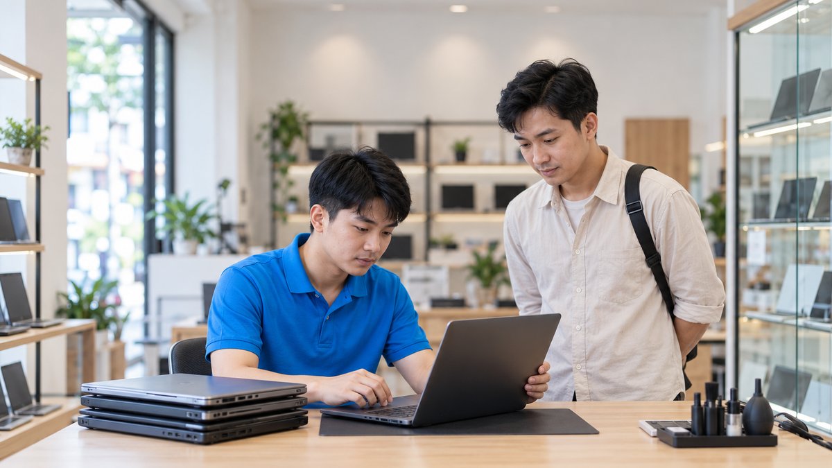 Nam kỹ thuật viên người Việt mặc áo polo xanh kiểm tra một laptop cũ mở nắp màn hình trên bàn kỹ thuật của cửa hàng kinh doanh laptop cũ, bên cạnh chồng laptop đã qua sử dụng, một khách nam đứng quan sát