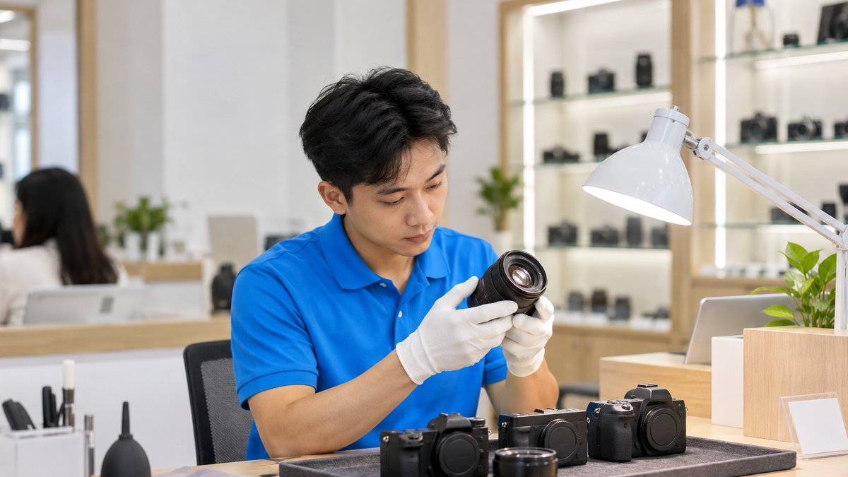 Nam nhân viên người Việt mặc áo polo xanh soi kiểm tra ống kính cũ dưới đèn bàn tại quầy thu mua của cửa hàng kinh doanh máy ảnh cũ, bên cạnh khay đựng vài thân máy ảnh đã qua sử dụng
