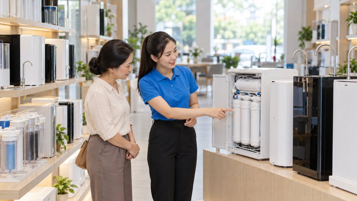 Nữ nhân viên người Việt áo polo xanh hướng dẫn khách xem máy lọc nước trưng bày tại cửa hàng kinh doanh máy lọc nước