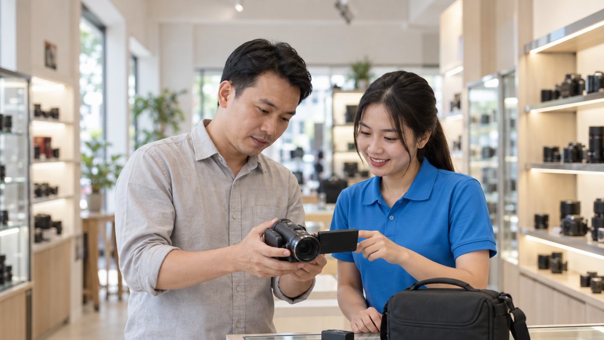 Nhân viên nữ người Việt áo polo xanh bàn giao máy quay phim cầm tay đã qua sử dụng cho khách nam, hai người cùng xem màn hình lật tại quầy cửa hàng kinh doanh máy quay phim cũ