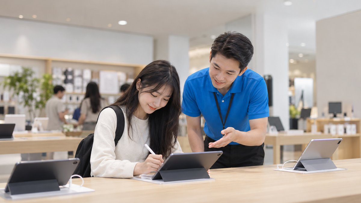 Nữ sinh viên người Việt thử viết bút cảm ứng trên máy tính bảng tại bàn trưng bày của cửa hàng kinh doanh máy tính bảng, nam nhân viên mặc áo polo xanh đứng bên cạnh tư vấn