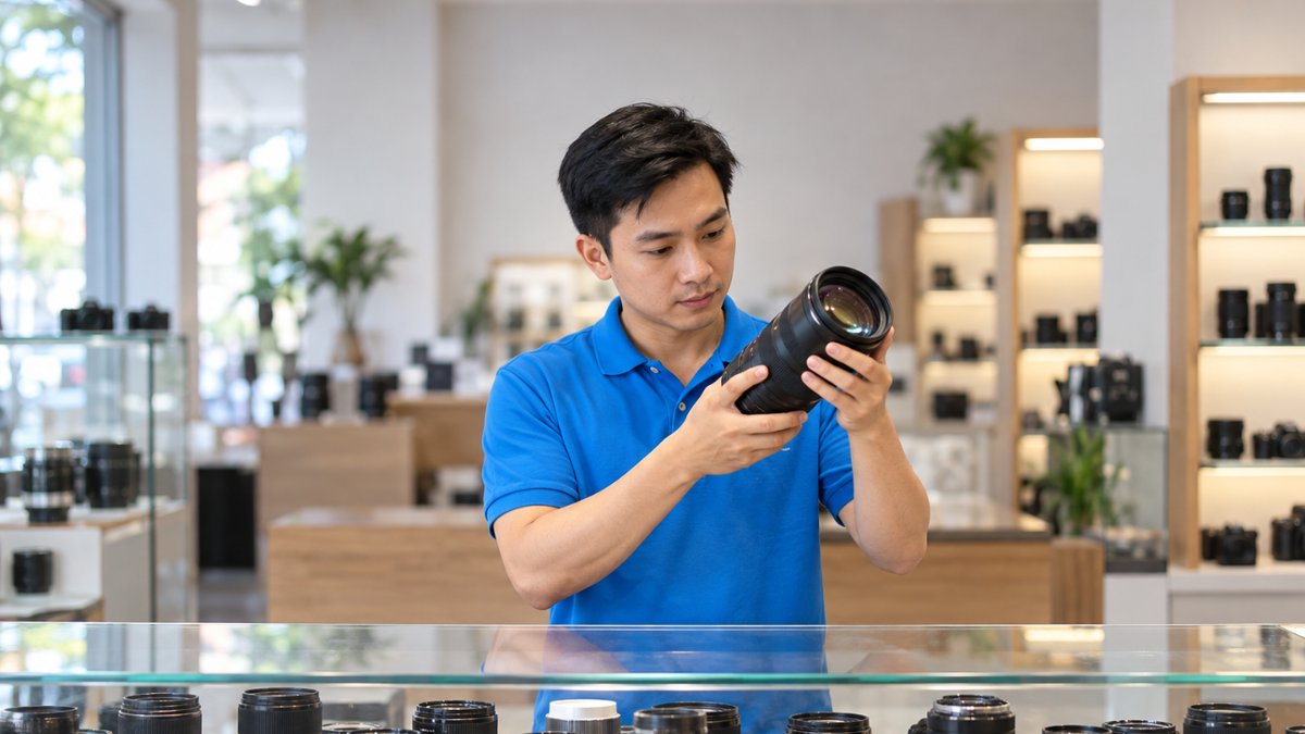 Nam nhân viên người Việt mặc áo polo xanh đứng sau tủ kính trưng bày, soi ống kính tele dưới đèn để kiểm tra thấu kính khi kinh doanh ống kính cũ