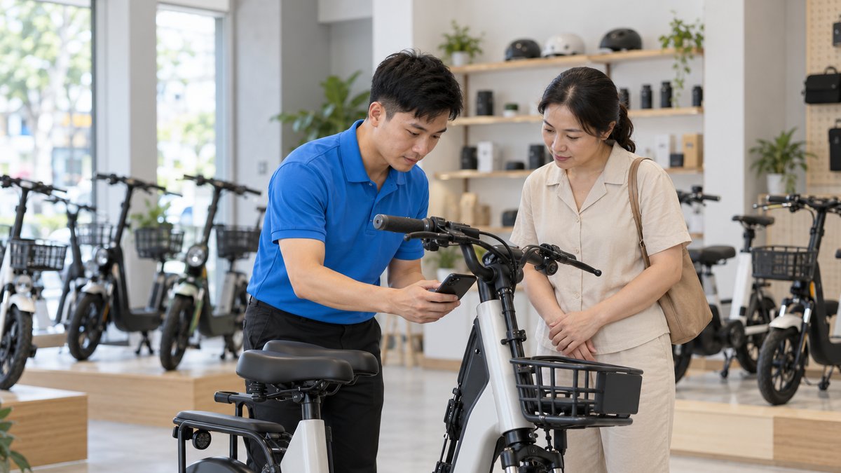 Nhân viên người Việt mặc áo polo xanh quét mã trên khung xe khi bàn giao tại cửa hàng kinh doanh xe đạp điện