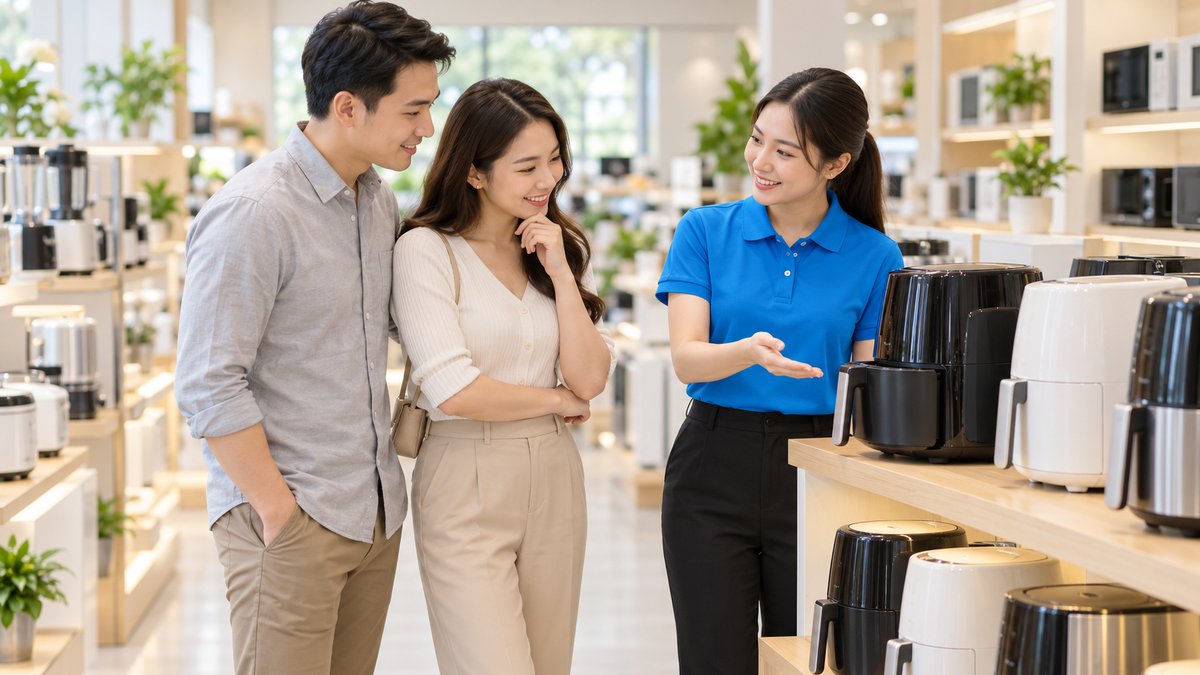Cặp vợ chồng người Việt xem nồi chiên không dầu trên kệ, nữ nhân viên áo polo xanh tư vấn, minh họa kinh nghiệm kinh doanh đồ gia dụng